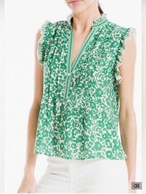 Max Studio Mara Green Floral V-Neck Ruffle Sleeve Top Striped Blouse Small NWT!